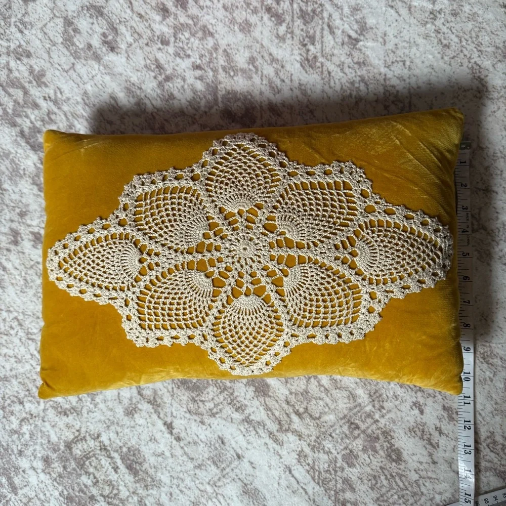 Cottagecore Boho Velvet Doily Throw Pillow Yellow